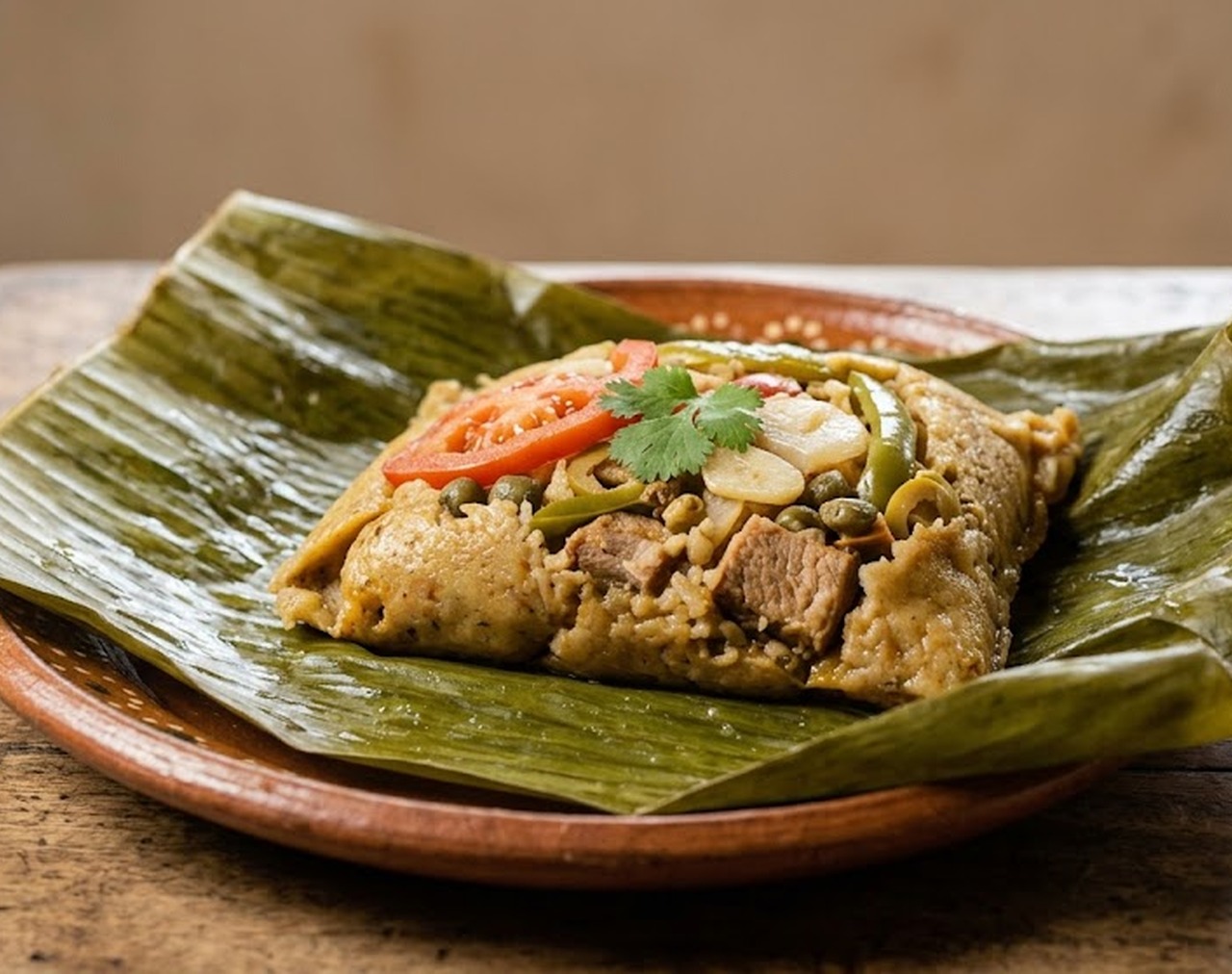 Desayuno nicaragüenses en Hostal Della Nonna, nacatamal acompañado de pan o tortilla caliente 